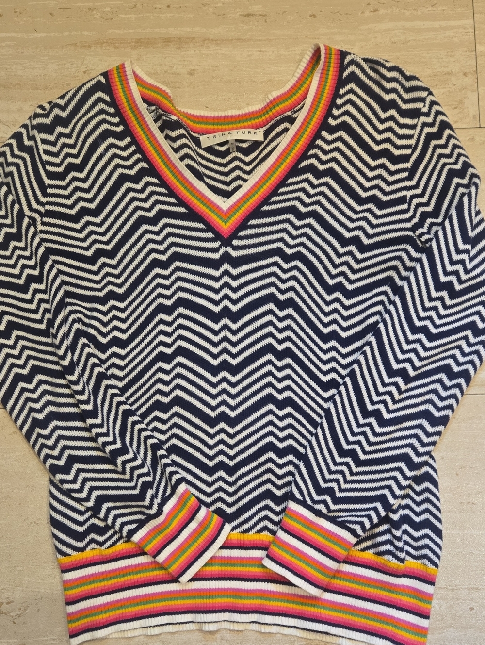 Trina Turk Navy/White Chevron V-Neck Sweater with Rainbow Trim